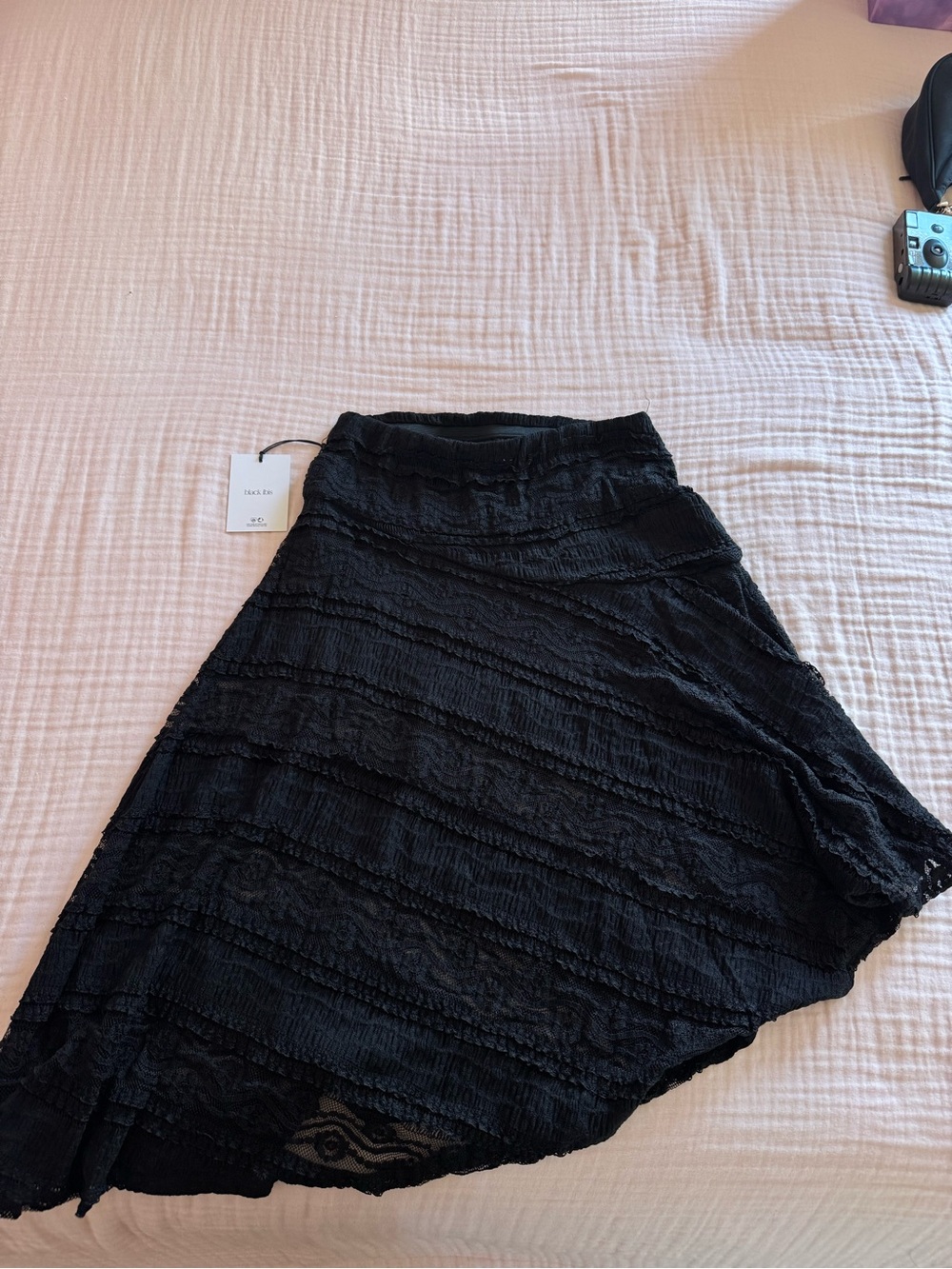 Black Textured Tiered Midi Skirt